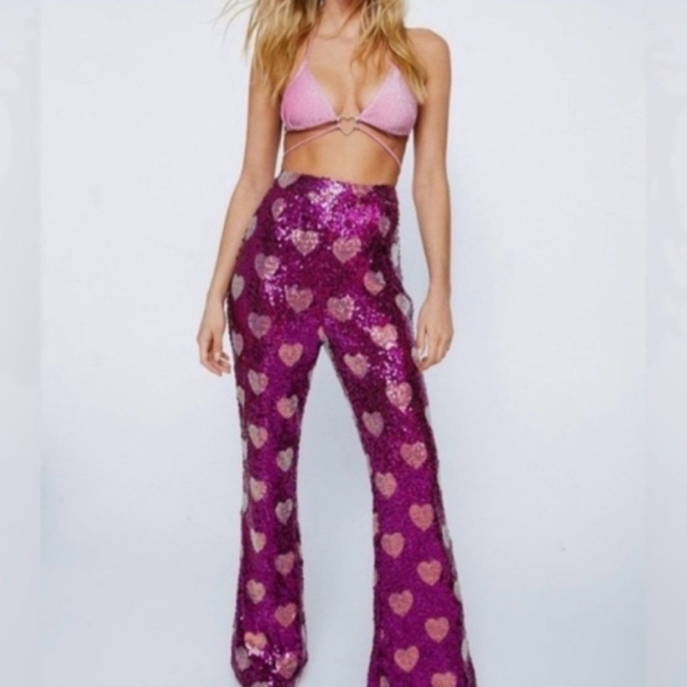 Nasty Gal Pink Sequin Heart Flare Pants